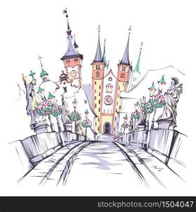 Vector sketch of Alte Mainbrucke, Old Main Bridge, with statues of saints in Wurzburg, Franconia, Northern Bavaria, Germany. Vector sketch of Wurzburg