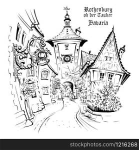 Vector sketch of Christmas Plonlein in medieval old town of Rothenburg ob der Tauber, Bavaria, part of Romantic Road through southern Germany. Rothenburg ob der Tauber, Germany