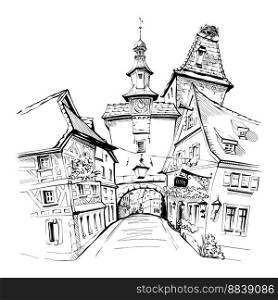 Vector sketch of Markusturm in medieval old town of Rothenburg ob der Tauber, Bavaria. Rothenburg ob der Tauber, Germany
