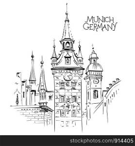 Vector sketch of Old Town Hall on the central square Marienplatz in Munich, Bavaria, Germany. Old Town Hall in Munich, Germany