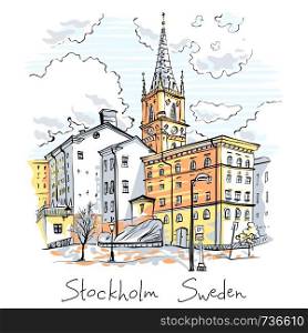 Vector sketch of Riddarholmen, Gamla Stan, in the Old Town in Stockholm, the capital of Sweden. Riddarholmen in Stockholm, Sweden
