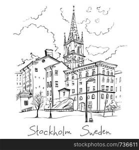 Vector sketch of Riddarholmen, Gamla Stan, in the Old Town in Stockholm, the capital of Sweden. Riddarholmen in Stockholm, Sweden