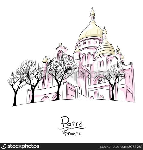 Vector sketch of Sacre Coeur in Paris, France. Vector hand drawing sketch of urban landscape with church of Sacre Coeur in Paris, France