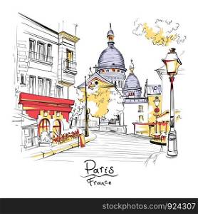 Vector sketch of the Place du Tertre and the Sacre-Coeur, quarter Montmartre in Paris, France. Montmartre in Paris, France