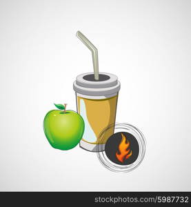 Vector sketch paper cup with straw and apple.. Vector sketch paper cup with straw and apple