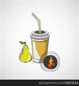 Vector sketch paper cup with straw and pear.. Vector sketch paper cup with straw and pear