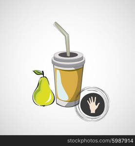 Vector sketch paper cup with straw and pear.. Vector sketch paper cup with straw and pear