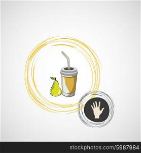Vector sketch paper cup with straw and pear.. Vector sketch paper cup with straw and pear