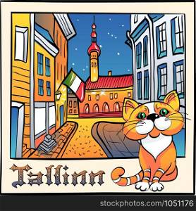 Vector sketch with cute red cat and Town Hall in Medieval Old Town of Tallinn, Estonia. Vector cute cat in Tallinn, Estonia
