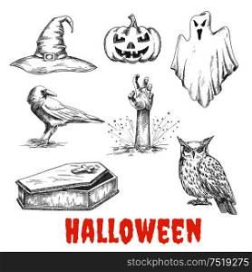 Vector sketched elements of Halloween celebration. Isolated witch hat, burning pumpkin with candles, bedsheet flying ghost, dead man hand from grave, raven crow, open vampire coffin, owl. Vector sketched elements of Halloween celebration