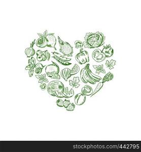 Vector sketched fresh vegetables and fruits in shape of heart illustration, Vegan banner poster. Vector sketched fresh vegetables and fruits set in shape of heart illustration