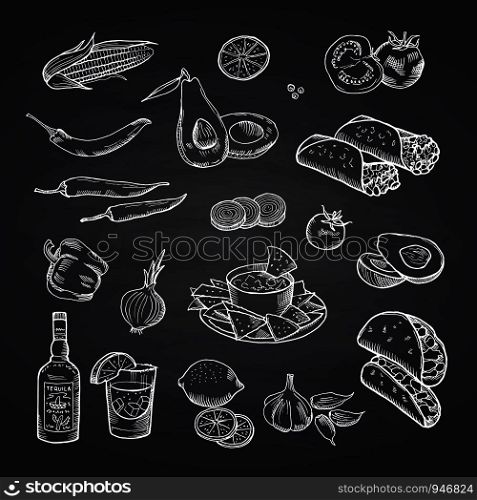 Vector sketched mexican food elements set on black chalkboard. Illustration of mexican food, burrito and taco drawing. Vector sketched mexican food elements set on black chalkboard