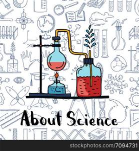 Vector sketched science or chemistry elements composition with lettering on science elements background illustrationt. Vector sketched science or chemistry elements science elements background