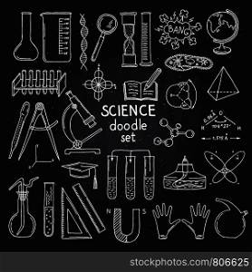 Vector sketched science or chemistry elements on black chalkboard. Illustration of science chemistry on blackboard. Vector sketched science or chemistry elements set on black chalkboard
