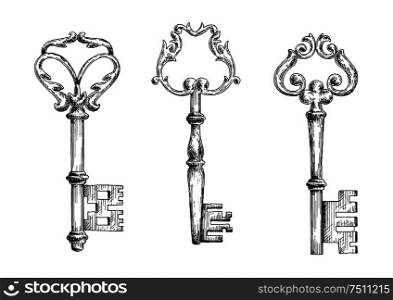 Vector sketches of old medieval key skeletons, isolated on white. For medieval history, tattoo or embellishment design. Old key sketletons in sketch style