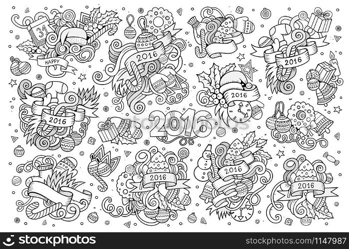 Vector sketchy hand drawn Doodle cartoon set of objects and symbols on the New Year and Christmas theme. Sketchy vector hand drawn Doodle set of New Year objects