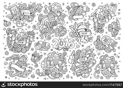 Vector sketchy hand drawn Doodle cartoon set of objects and symbols on the New Year and Christmas theme. Sketchy vector hand drawn Doodle set of New Year objects