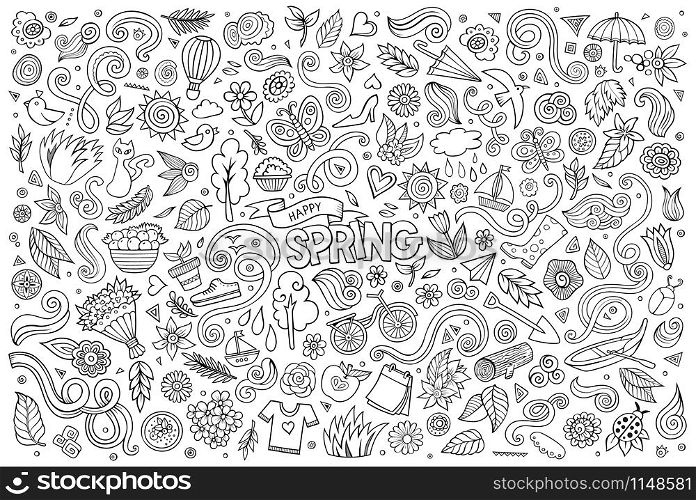 Vector sketchy line art Doodle cartoon set of objects and symbols on the Spring nature theme. Vector sketchy line art Doodle cartoon set of objects and symbol