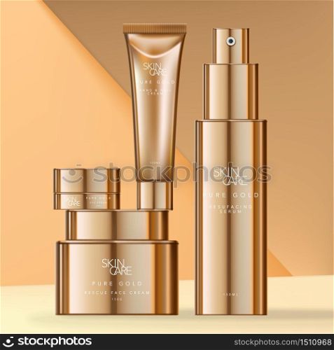 Vector Skin Care or Beauty Gold Plated Packaging with Jars, Tube & Bottle.