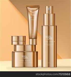 Vector Skin Care or Beauty Gold Plated Packaging with Jars, Tube & Bottle.