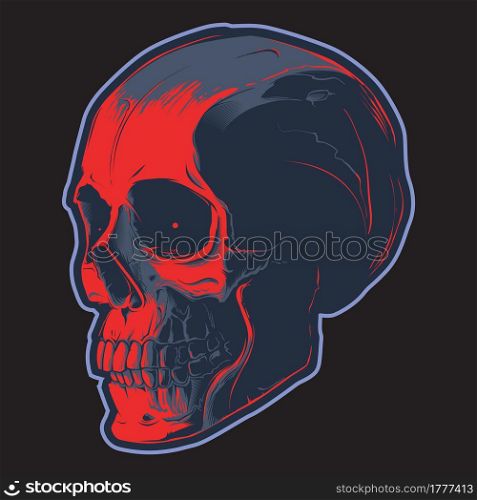 Vector skull tshirt design in shadow on the black background.