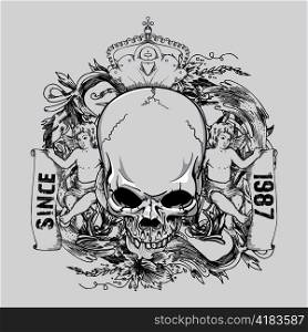 vector skull with floral and angels vintage t-shirt design