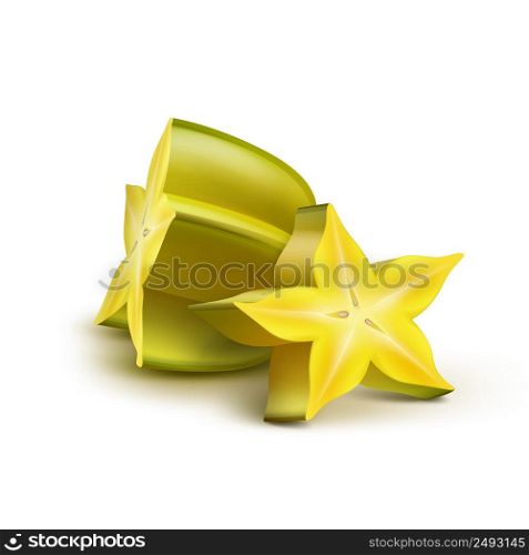 Vector sliced green, yellow carambola isolated on white background. Sliced yellow carambola