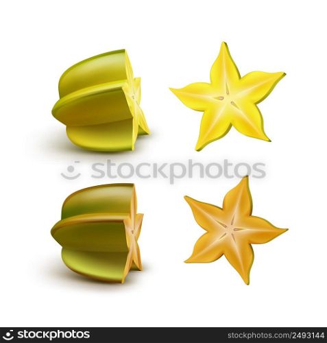 Vector sliced green, yellow, orange carambola isolated on white background. Vector sliced carambola