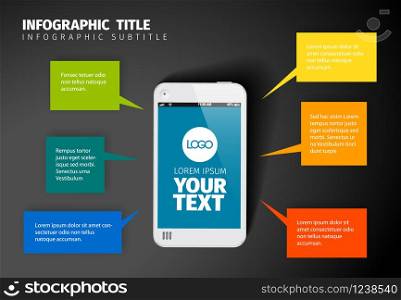 Vector smart phone infographic template with colorful speech content bubbles. Vector smart phone infographic template with six bubbles