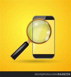 Vector smartphone and magnifying glass
