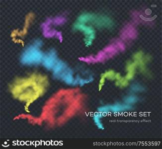 Vector smoke. A set of different color realistic insulated transparent effects of smoke. The real effect of transparency. EPS10. Vector smoke. A set of different color realistic insulated transparent effects of smoke. The real effect of transparency