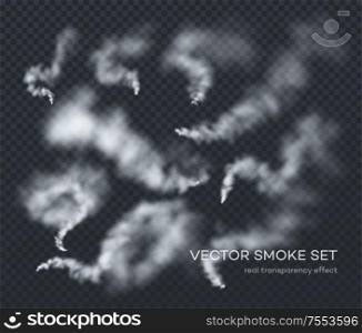 Vector smoke. A set of different realistic insulated transparent effects of smoke. The real effect of transparency. EPS10. Vector smoke. A set of different realistic insulated transparent effects of smoke. The real effect of transparency