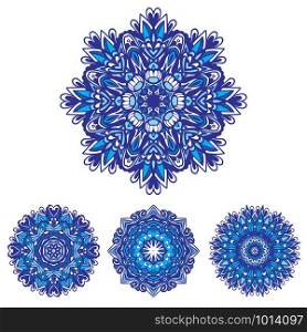 Vector Snowflakes Mandala ornamental set. Blue flourish design rosette. Vector Snowflakes Blue Floral Mandala ornamental set.