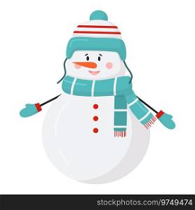 Vector snowman in scarf, mittens, hat isolated on white background. Christmas holidays, flat design icon.
