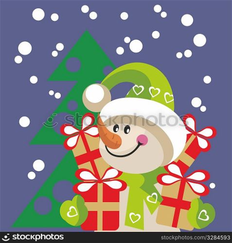 Vector. Snowman with gift in color 20