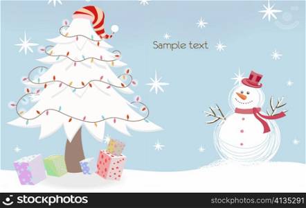 vector snowman with tree