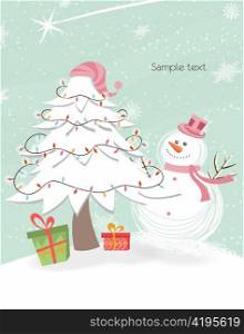 vector snowman with tree