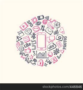Vector social media hand drawn elements circle with smartphone in center illustration. Vector social media hand drawn elements circle
