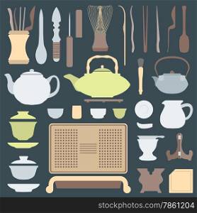 vector solid colors tea ceremony tools and equipment set&#xA;