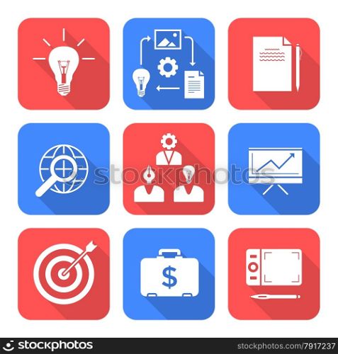 vector solid white color flat design creative business process icons set long shadows&#xA;