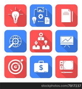 vector solid white color flat design creative business process icons set long shadows&#xA;