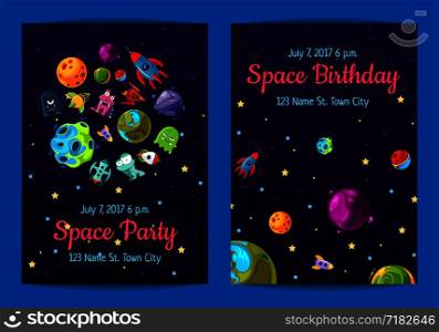 Vector space birthday party invitation templates card of set with space elements, planets and ships illustration. Vector space birthday party invitation templates with space elements, planets and ships