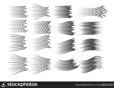 vector speed backgrounds. comic manga illustration with horizontal and curved lines. abstract action black and white drawing. speed cartoon set. motion line background