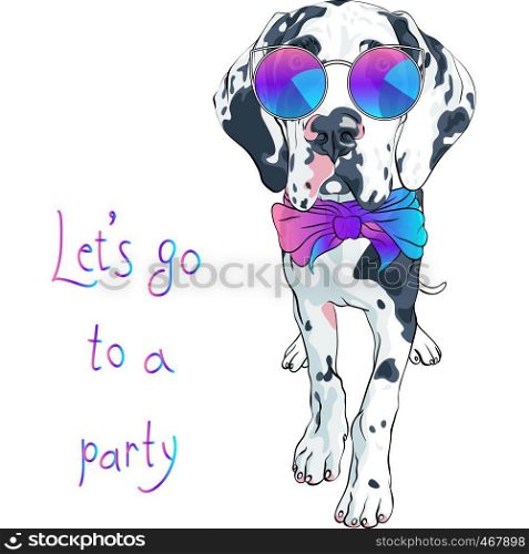 Vector spotted dog Harlequin Great Dane Puppy in rainbow glasses and bow tie. vector spotted dog Great Dane breed