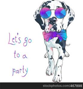 Vector spotted dog Harlequin Great Dane Puppy in rainbow glasses and bow tie. vector spotted dog Great Dane breed