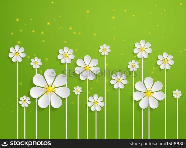 Vector spring background with volumetric flowers. Paper cut flowers on green background.