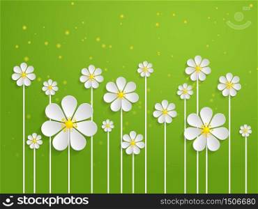 Vector spring background with volumetric flowers. Paper cut flowers on green background.