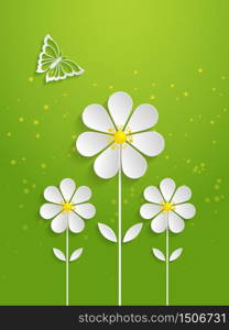 Vector spring background with volumetric flowers. Paper cut flowers on green background. With butterfly.