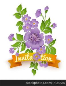Vector spring background with volumetric flowers. Paper cut flowers on white background. With orange ribbon.