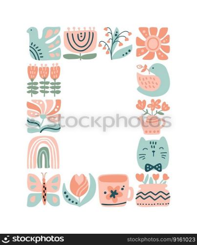 Vector spring ethnic logo composition pattern frame tile mosaic of bird, flower, leaf, strawberry and branch. Cute boho illustration in hand drawn constructor in square for scandinavian greeting card.. Vector spring ethnic logo composition pattern frame tile mosaic of bird, flower, leaf, strawberry and branch. Cute boho illustration in hand drawn constructor in square for scandinavian greeting card